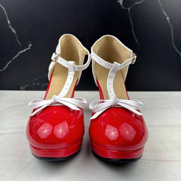 ForeMode Fashion T-Strap Bow Platform Round Toe High Heels Red/White sz 10.5 - Picture 4 of 14
